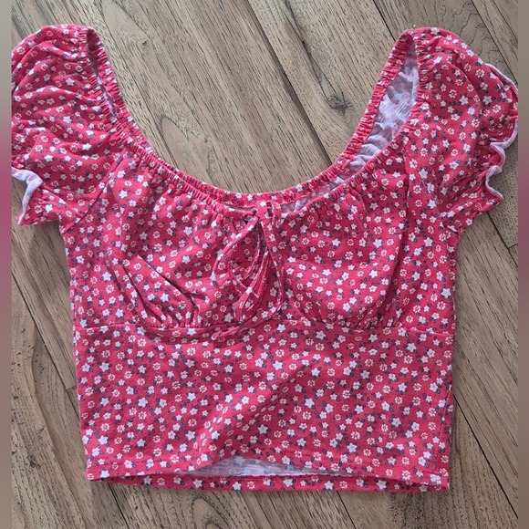 SO Floral‎ Crop Top Puff Sleeve Sweetheart Neckline Blouse Red Junior Medium 063 - Picture 2 of 4